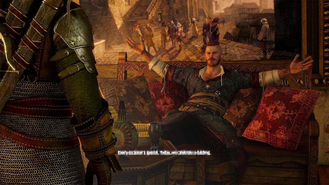 Geralt parlant à un homme sur un canapé